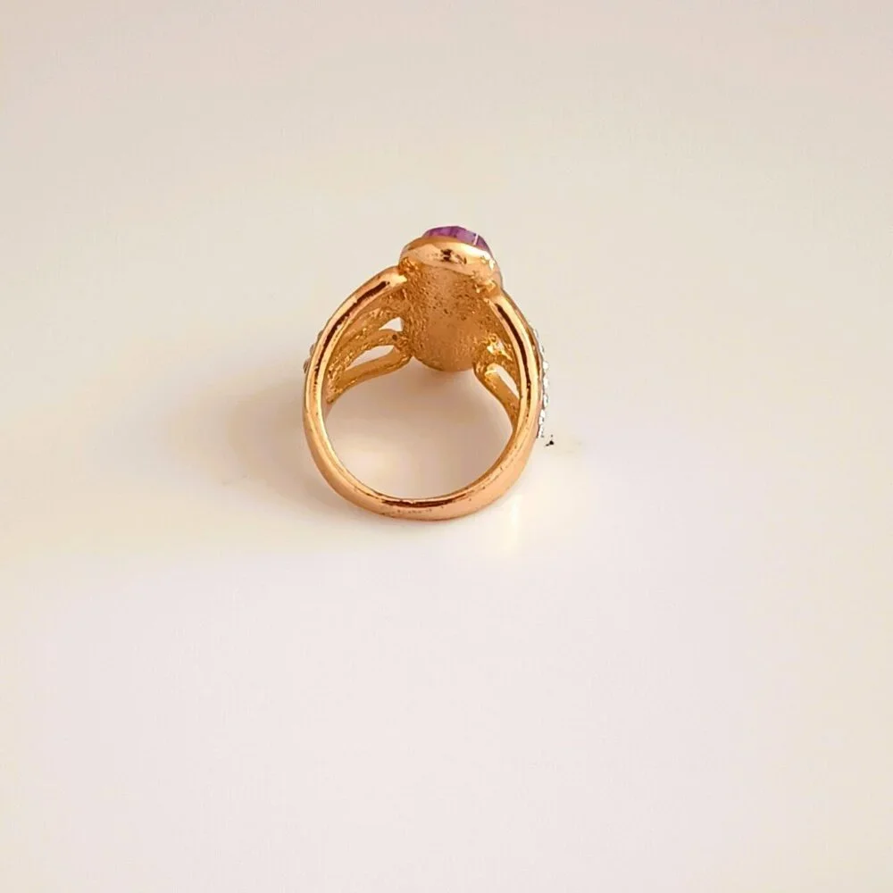 Gold Tone Purple Oblong Ring 6.5 Open Work Jewelry with Side Pave Stones